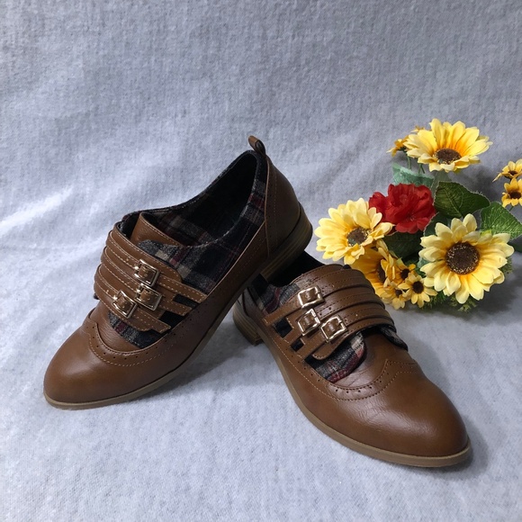 Brown Wingtip Oxfords with Accent Plaid Fabric & Buckles - Picture 1 of 16